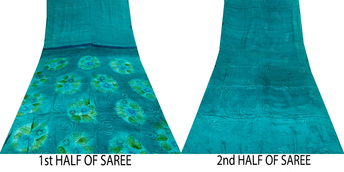 Sanskriti Vintage Saree Blue Pure Crepe Floral Digital Print Sari 5.5+Yd Fabric