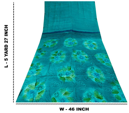 Sanskriti Vintage Saree Blue Pure Crepe Floral Digital Print Sari 5.5+Yd Fabric