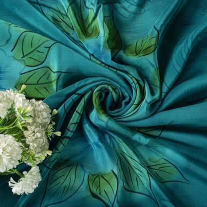 Sanskriti Vintage Saree Blue Pure Crepe Floral Digital Print Sari 5.5+Yd Fabric