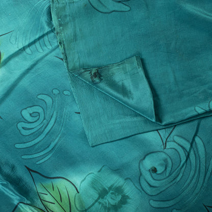 Sanskriti Vintage Saree Blue Pure Crepe Floral Digital Print Sari 5.5+Yd Fabric