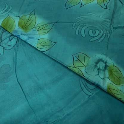 Sanskriti Vintage Saree Blue Pure Crepe Floral Digital Print Sari 5.5+Yd Fabric
