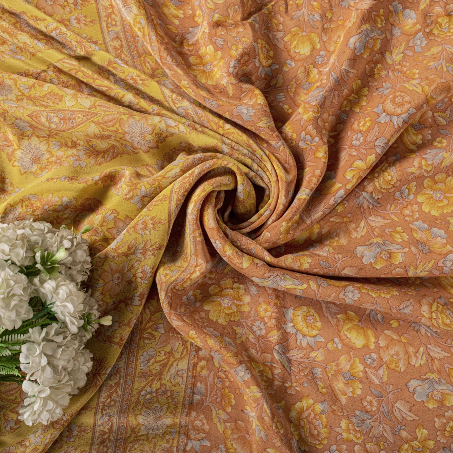 Sanskriti Vintage Saree Peach Pure Crepe Floral Printed Sari 5.5+Yd Craft Fabric