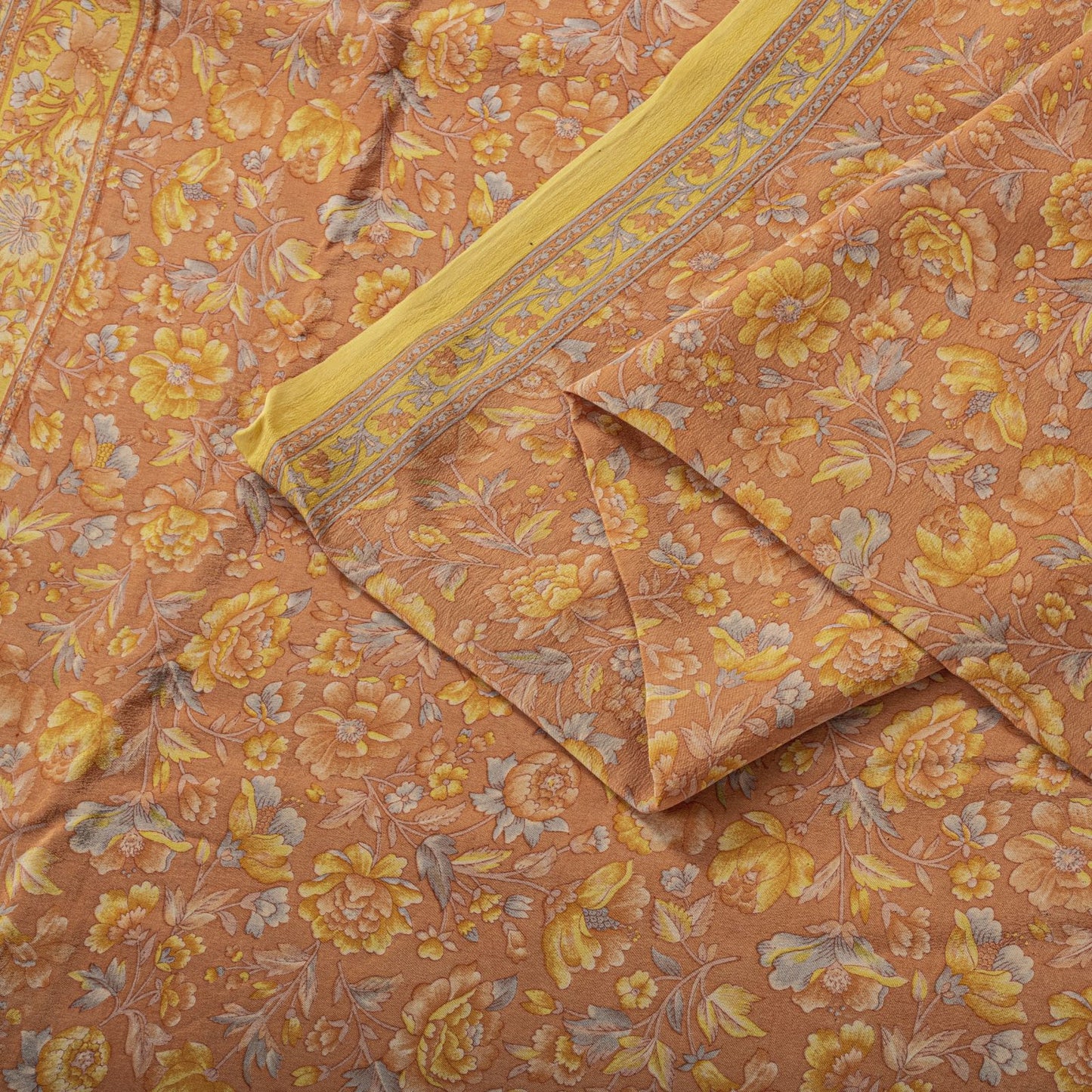 Sanskriti Vintage Saree Peach Pure Crepe Floral Printed Sari 5.5+Yd Craft Fabric