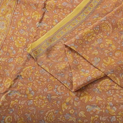 Sanskriti Vintage Saree Peach Pure Crepe Floral Printed Sari 5.5+Yd Craft Fabric