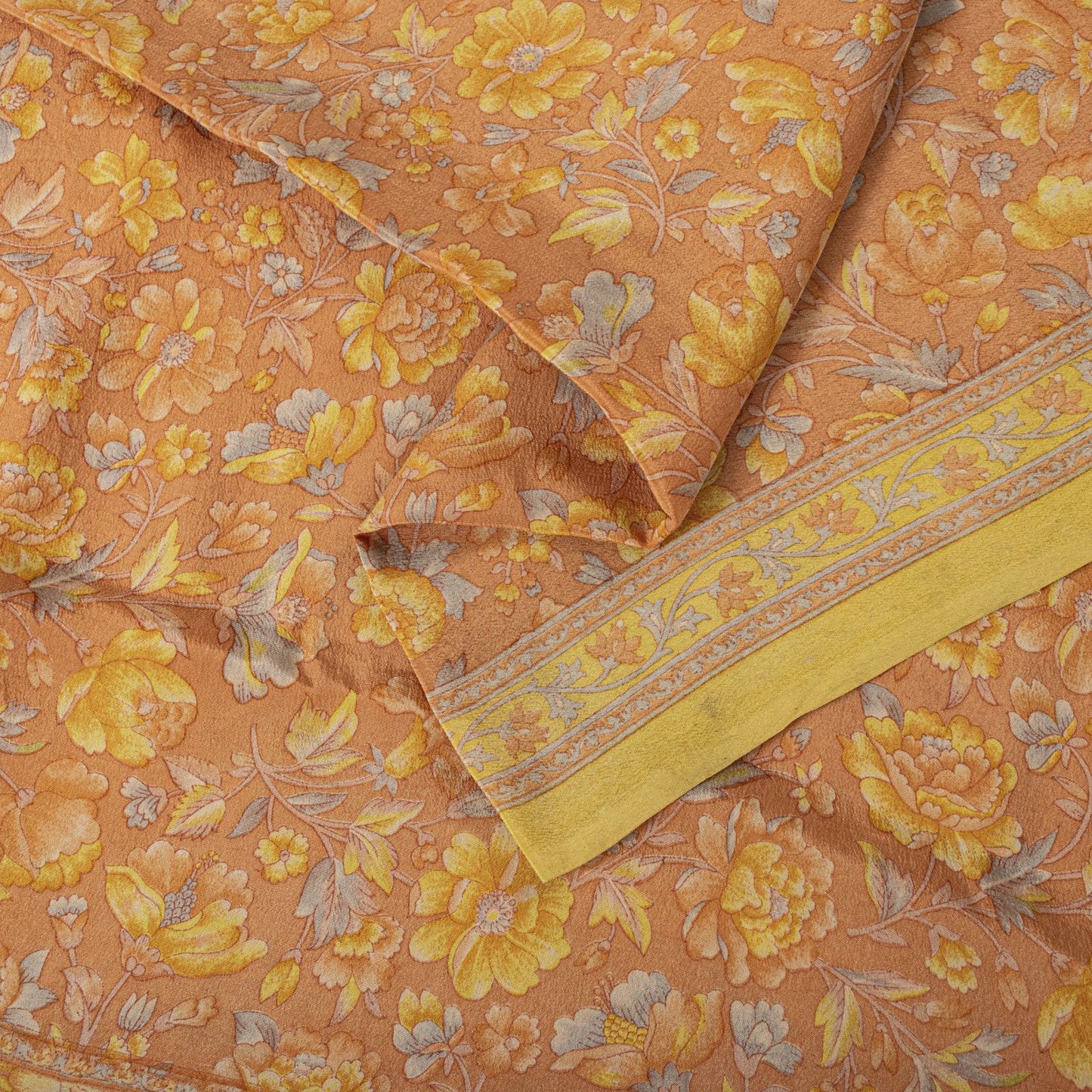 Sanskriti Vintage Saree Peach Pure Crepe Floral Printed Sari 5.5+Yd Craft Fabric