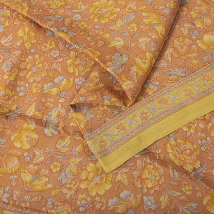 Sanskriti Vintage Saree Peach Pure Crepe Floral Printed Sari 5.5+Yd Craft Fabric