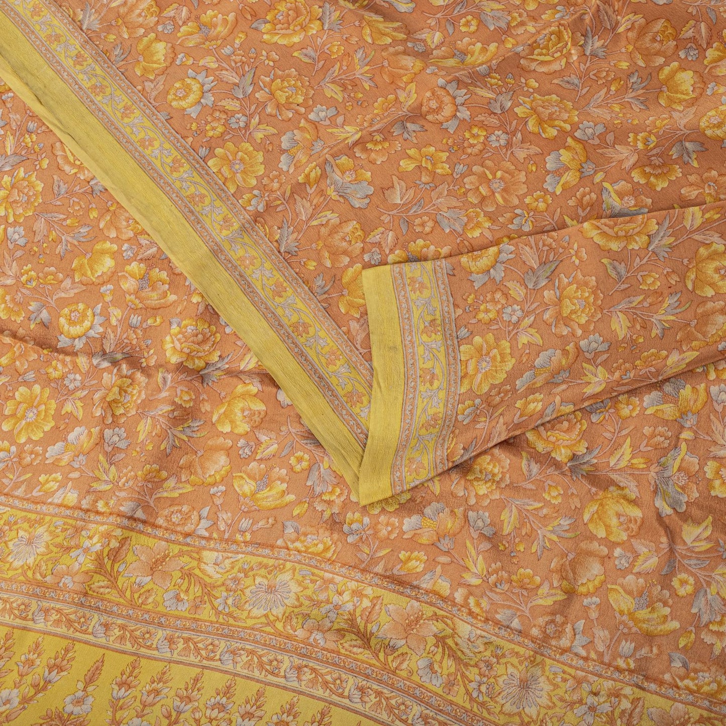 Sanskriti Vintage Saree Peach Pure Crepe Floral Printed Sari 5.5+Yd Craft Fabric