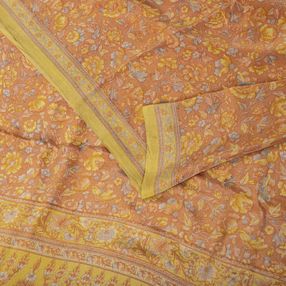 Sanskriti Vintage Saree Peach Pure Crepe Floral Printed Sari 5.5+Yd Craft Fabric