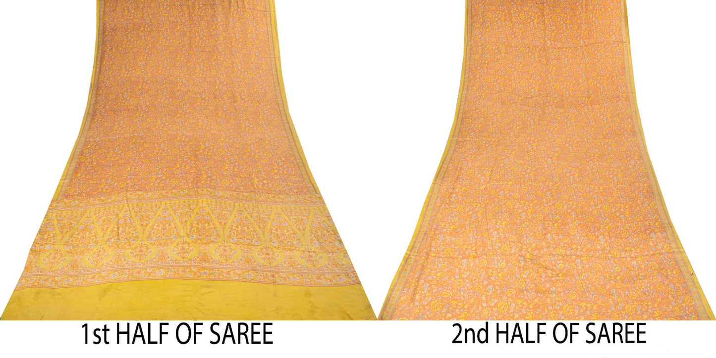 Sanskriti Vintage Saree Peach Pure Crepe Floral Printed Sari 5.5+Yd Craft Fabric