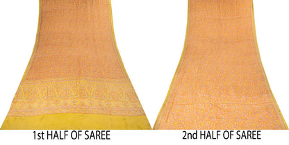 Sanskriti Vintage Saree Peach Pure Crepe Floral Printed Sari 5.5+Yd Craft Fabric