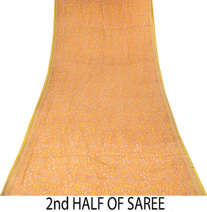 Sanskriti Vintage Saree Peach Pure Crepe Floral Printed Sari 5.5+Yd Craft Fabric