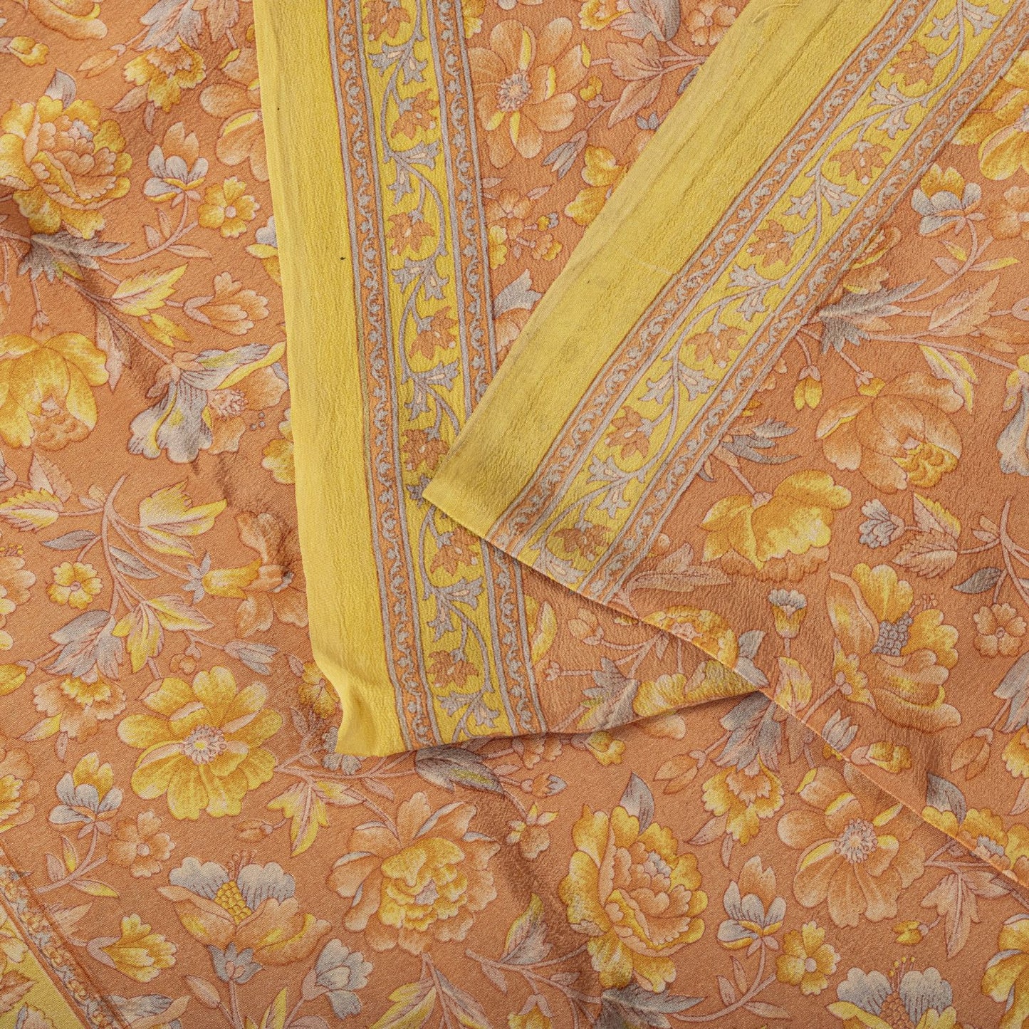 Sanskriti Vintage Saree Peach Pure Crepe Floral Printed Sari 5.5+Yd Craft Fabric