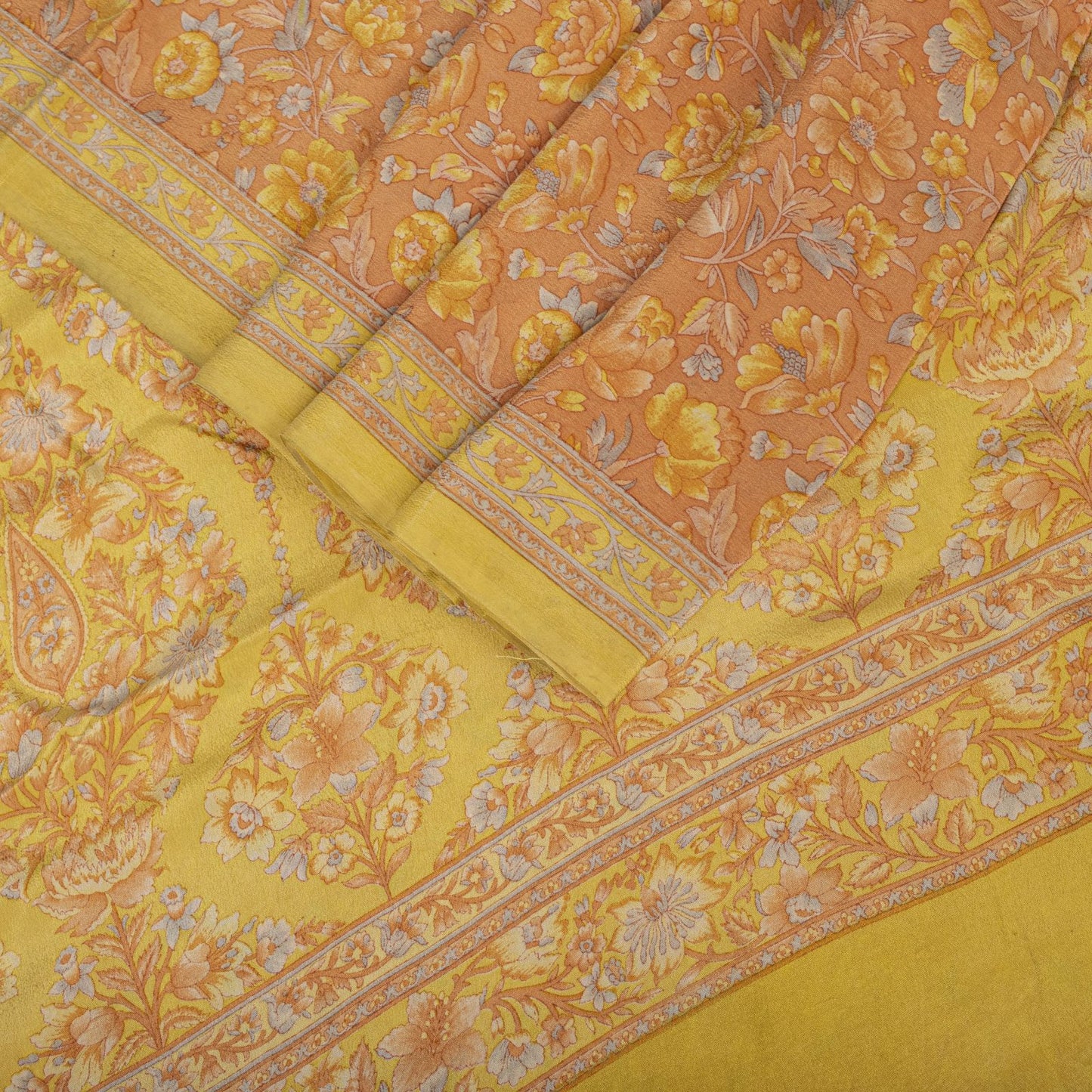Sanskriti Vintage Saree Peach Pure Crepe Floral Printed Sari 5.5+Yd Craft Fabric