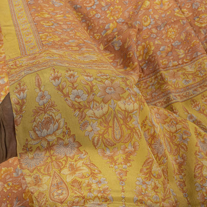 Sanskriti Vintage Saree Peach Pure Crepe Floral Printed Sari 5.5+Yd Craft Fabric