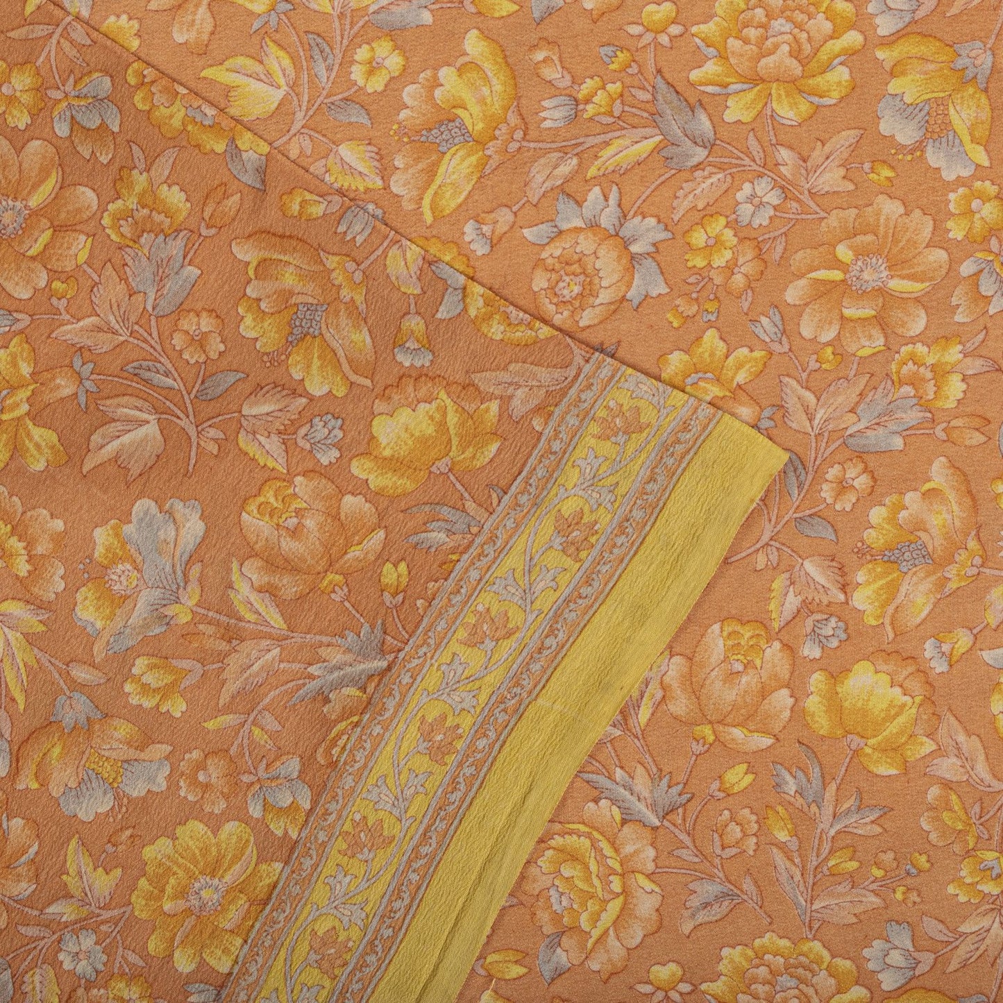 Sanskriti Vintage Saree Peach Pure Crepe Floral Printed Sari 5.5+Yd Craft Fabric