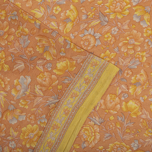 Sanskriti Vintage Saree Peach Pure Crepe Floral Printed Sari 5.5+Yd Craft Fabric
