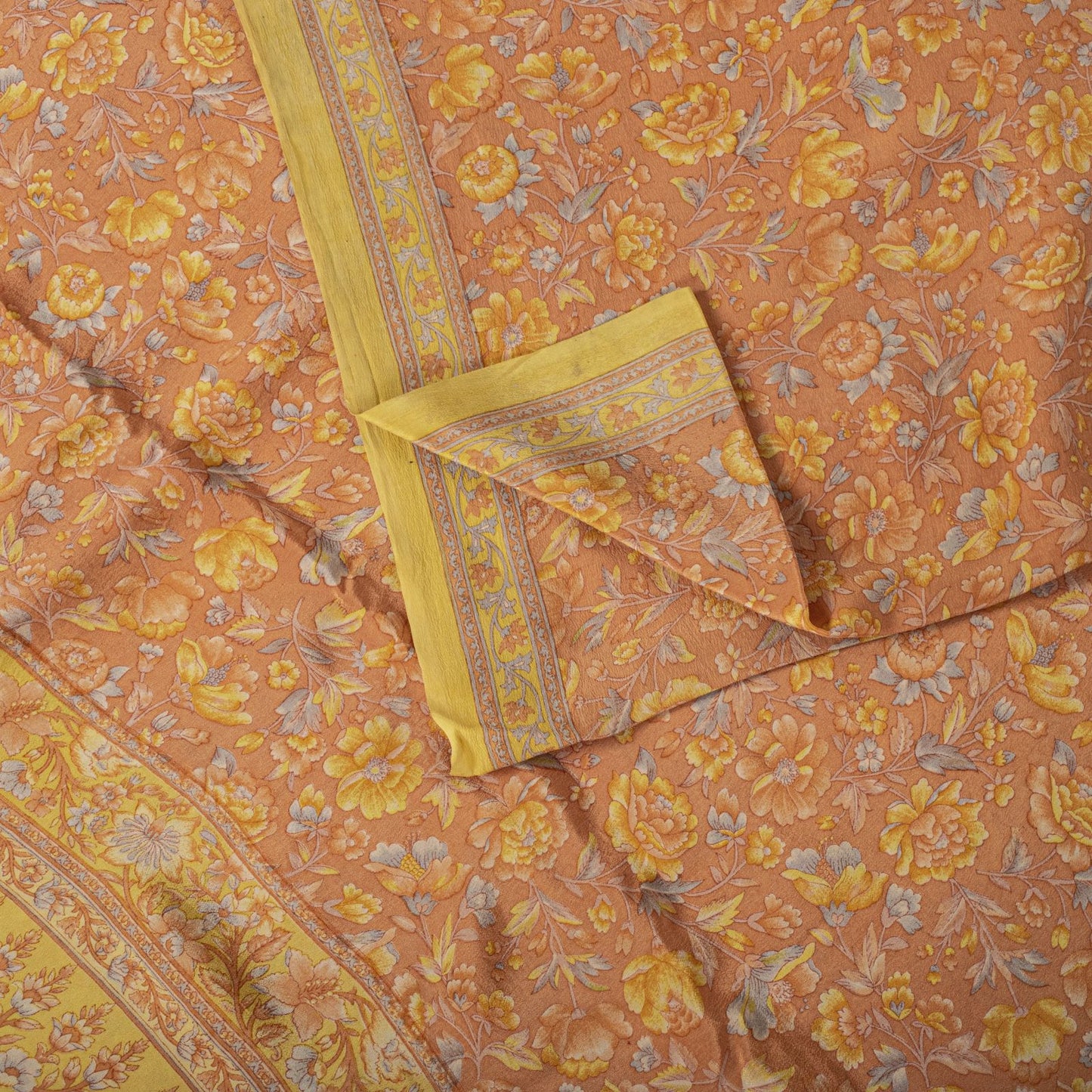 Sanskriti Vintage Saree Peach Pure Crepe Floral Printed Sari 5.5+Yd Craft Fabric
