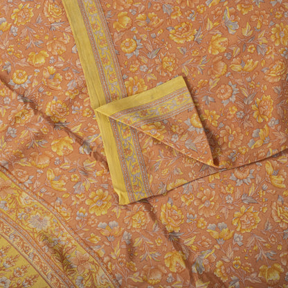 Sanskriti Vintage Saree Peach Pure Crepe Floral Printed Sari 5.5+Yd Craft Fabric