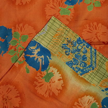 Sanskriti Vintage Saree Orange Pure Crepe Floral Printed Sari 5 Yd Craft Fabric