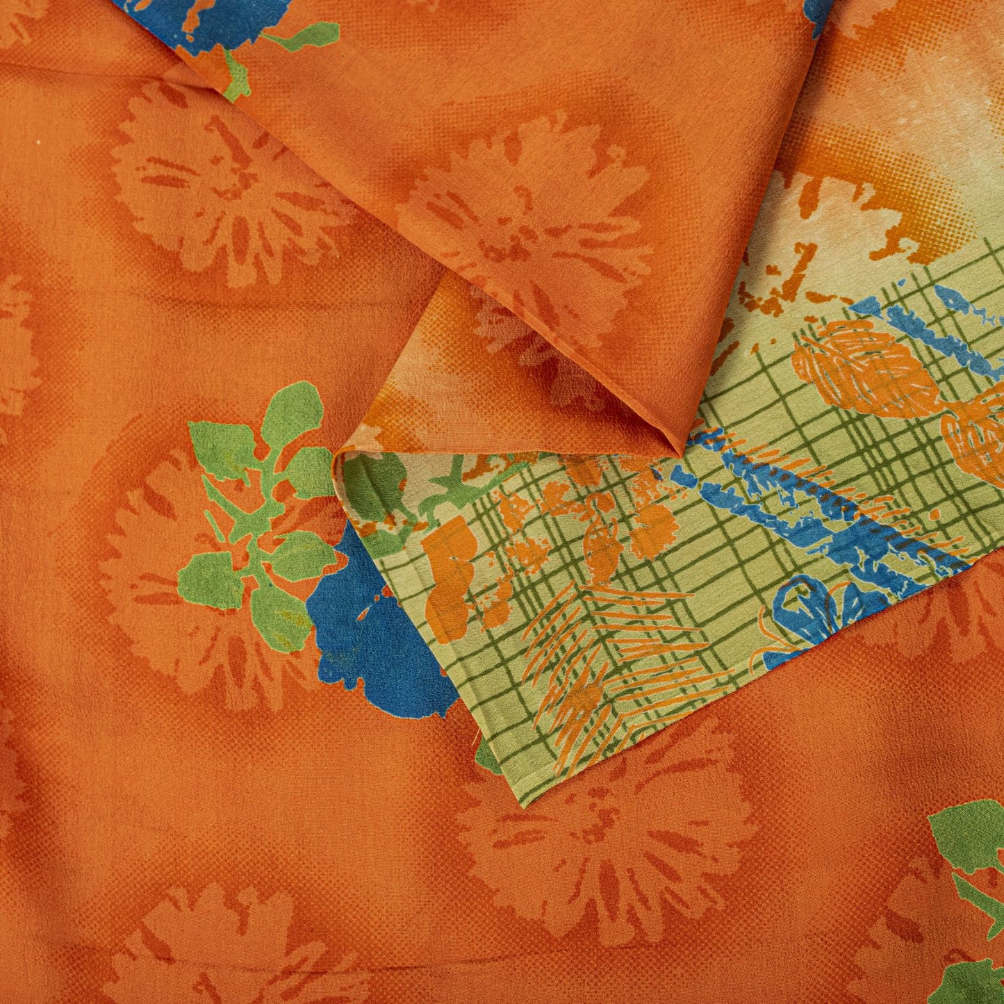 Sanskriti Vintage Saree Orange Pure Crepe Floral Printed Sari 5 Yd Craft Fabric