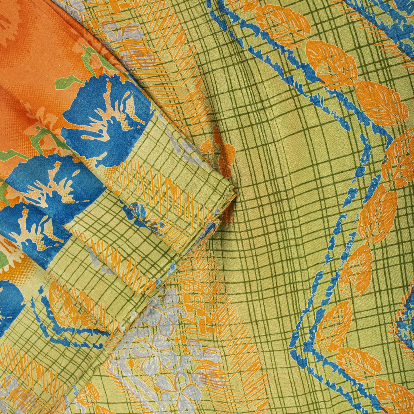 Sanskriti Vintage Saree Orange Pure Crepe Floral Printed Sari 5 Yd Craft Fabric