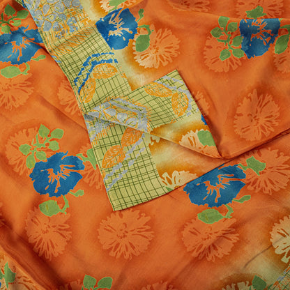 Sanskriti Vintage Saree Orange Pure Crepe Floral Printed Sari 5 Yd Craft Fabric