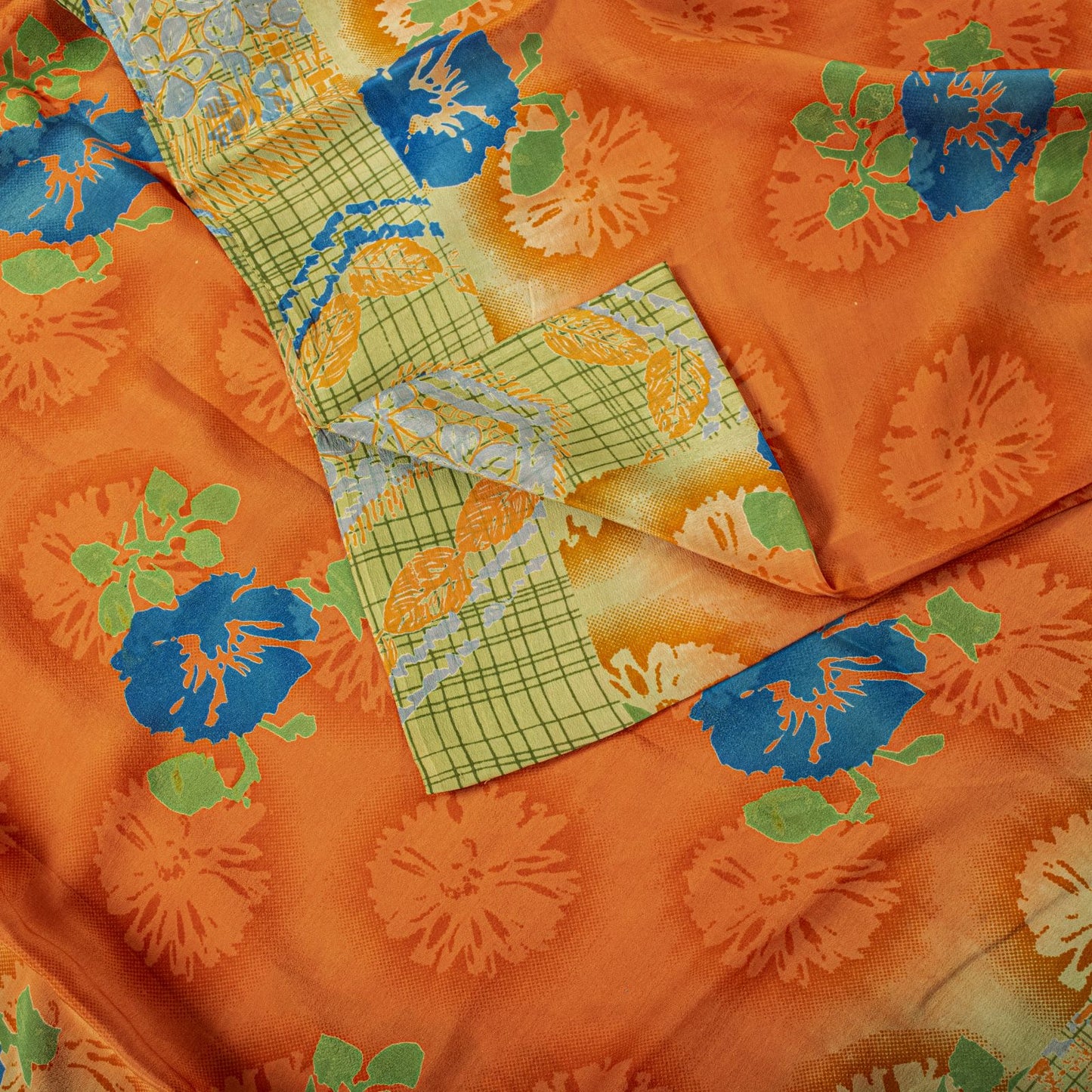 Sanskriti Vintage Saree Orange Pure Crepe Floral Printed Sari 5 Yd Craft Fabric