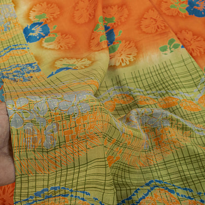 Sanskriti Vintage Saree Orange Pure Crepe Floral Printed Sari 5 Yd Craft Fabric