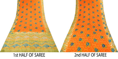 Sanskriti Vintage Saree Orange Pure Crepe Floral Printed Sari 5 Yd Craft Fabric
