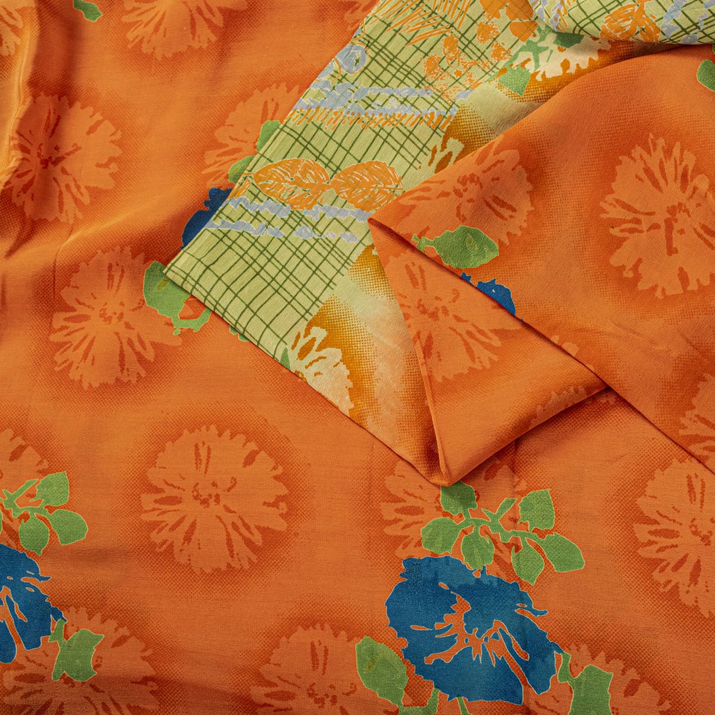 Sanskriti Vintage Saree Orange Pure Crepe Floral Printed Sari 5 Yd Craft Fabric
