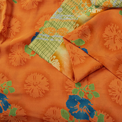 Sanskriti Vintage Saree Orange Pure Crepe Floral Printed Sari 5 Yd Craft Fabric