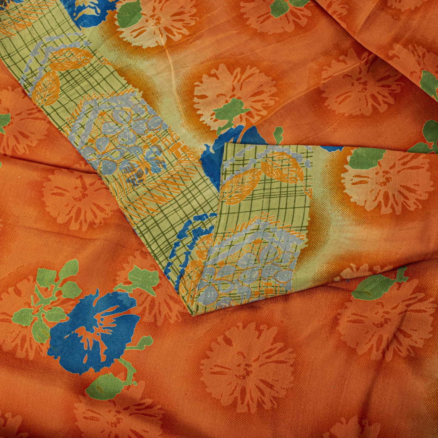 Sanskriti Vintage Saree Orange Pure Crepe Floral Printed Sari 5 Yd Craft Fabric