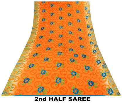 Sanskriti Vintage Saree Orange Pure Crepe Floral Printed Sari 5 Yd Craft Fabric
