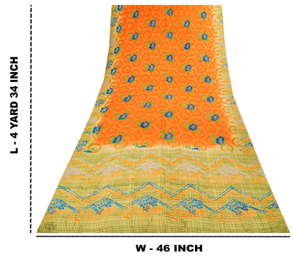 Sanskriti Vintage Saree Orange Pure Crepe Floral Printed Sari 5 Yd Craft Fabric