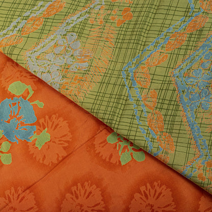 Sanskriti Vintage Saree Orange Pure Crepe Floral Printed Sari 5 Yd Craft Fabric