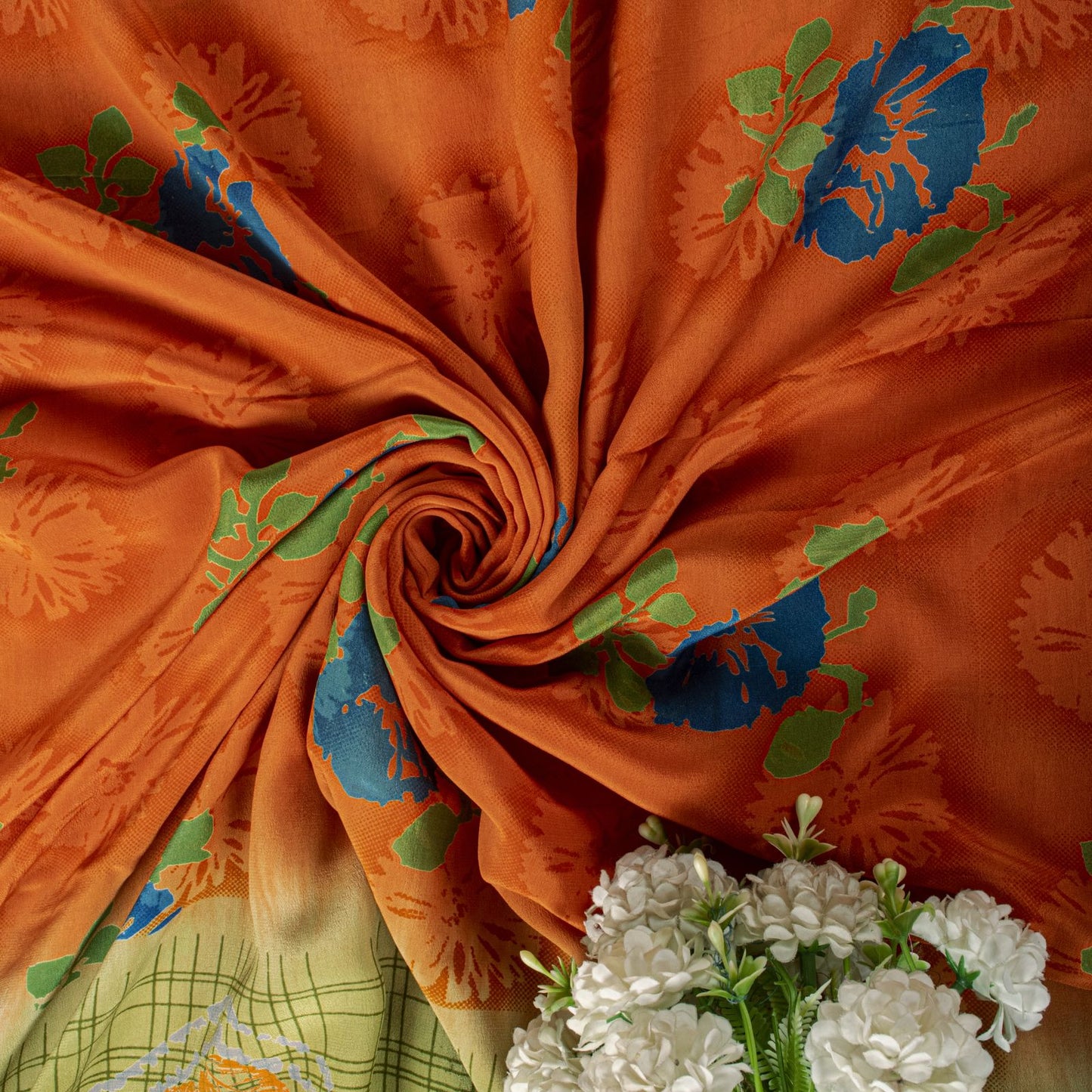Sanskriti Vintage Saree Orange Pure Crepe Floral Printed Sari 5 Yd Craft Fabric