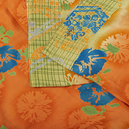 Sanskriti Vintage Saree Orange Pure Crepe Floral Printed Sari 5 Yd Craft Fabric
