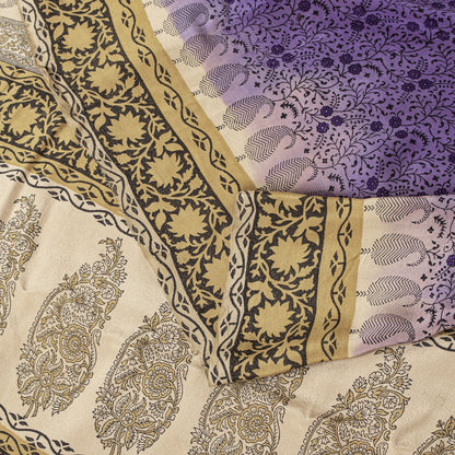 Sanskriti Vintage Saree Violet Pure Crepe Floral Print Sari 6.5+Yd Craft Fabric