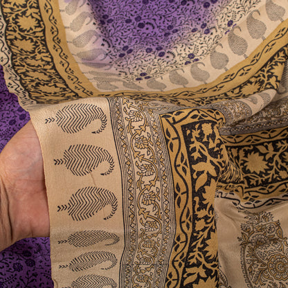 Sanskriti Vintage Saree Violet Pure Crepe Floral Print Sari 6.5+Yd Craft Fabric