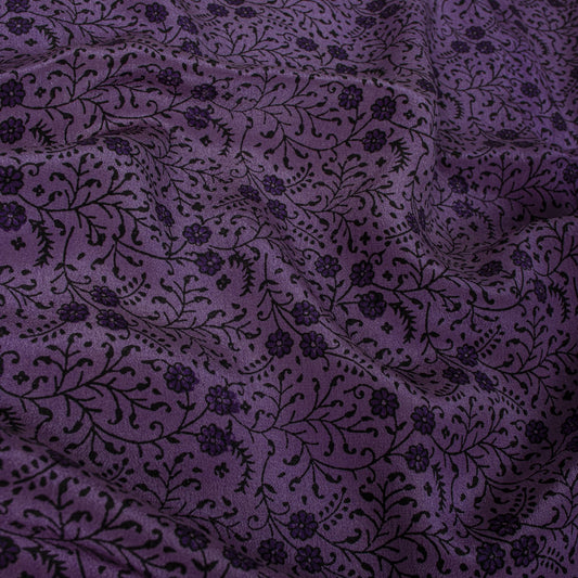 Sanskriti Vintage Saree Violet Pure Crepe Floral Print Sari 6.5+Yd Craft Fabric