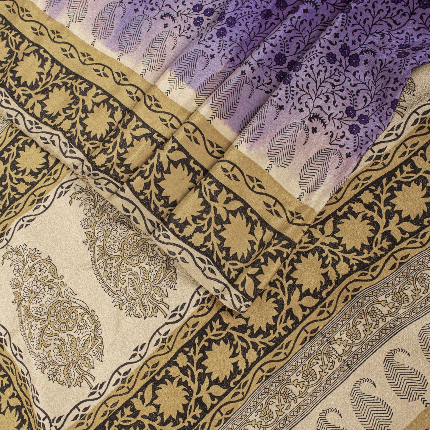 Sanskriti Vintage Saree Violet Pure Crepe Floral Print Sari 6.5+Yd Craft Fabric