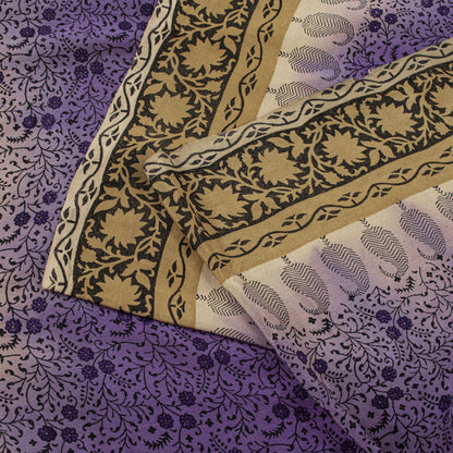 Sanskriti Vintage Saree Violet Pure Crepe Floral Print Sari 6.5+Yd Craft Fabric