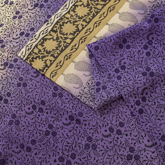 Sanskriti Vintage Saree Violet Pure Crepe Floral Print Sari 6.5+Yd Craft Fabric