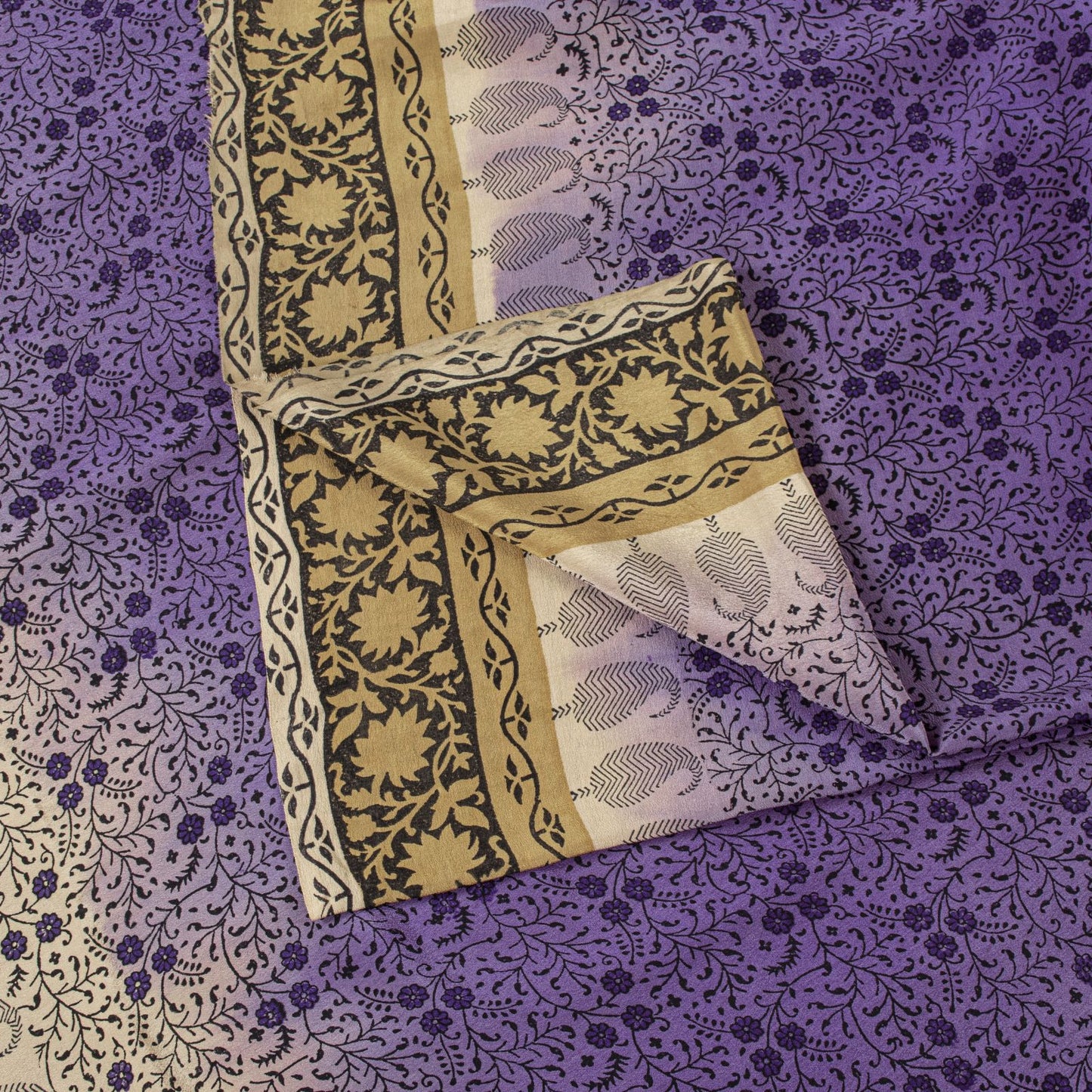 Sanskriti Vintage Saree Violet Pure Crepe Floral Print Sari 6.5+Yd Craft Fabric