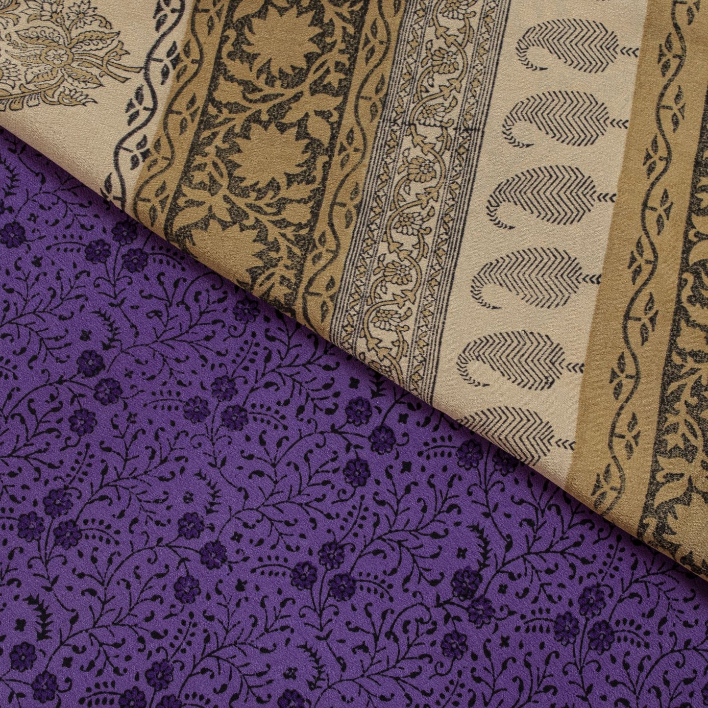 Sanskriti Vintage Saree Violet Pure Crepe Floral Print Sari 6.5+Yd Craft Fabric