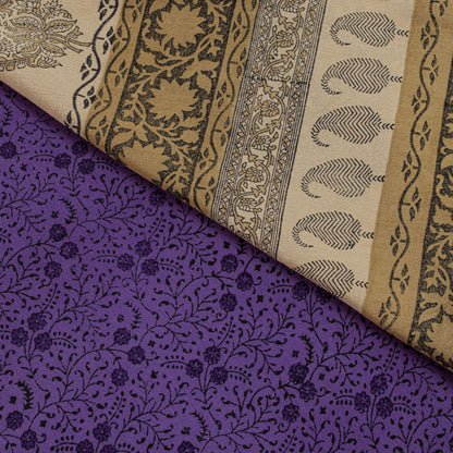 Sanskriti Vintage Saree Violet Pure Crepe Floral Print Sari 6.5+Yd Craft Fabric