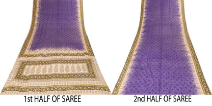 Sanskriti Vintage Saree Violet Pure Crepe Floral Print Sari 6.5+Yd Craft Fabric