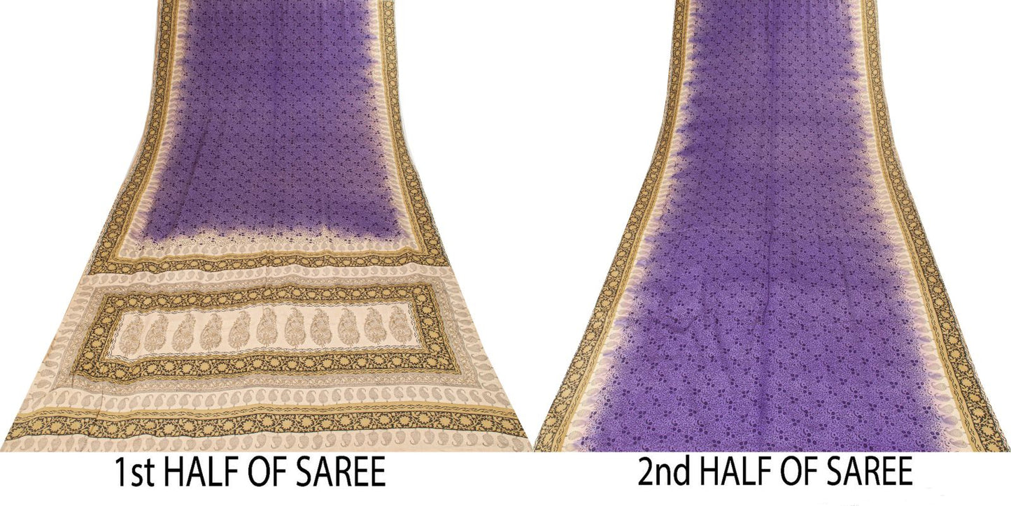 Sanskriti Vintage Saree Violet Pure Crepe Floral Print Sari 6.5+Yd Craft Fabric