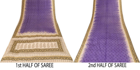 Sanskriti Vintage Saree Violet Pure Crepe Floral Print Sari 6.5+Yd Craft Fabric