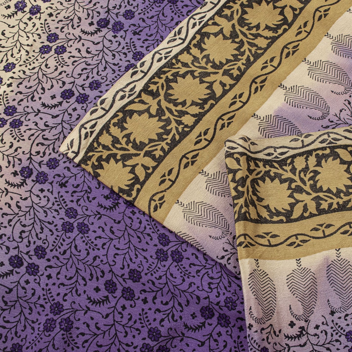 Sanskriti Vintage Saree Violet Pure Crepe Floral Print Sari 6.5+Yd Craft Fabric